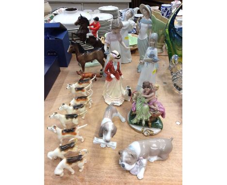 Beswick fox hunting group (damaged), two Lladro dogs, Lladro sleep walking figure, two Nao girls, Royal Doulton figure- Sarah