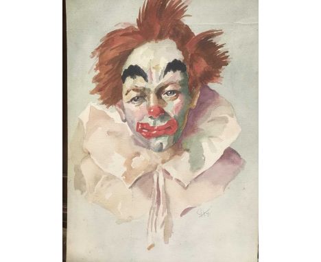English School, 20th century, watercolour on board, portrait of a clown, signed and dated 71, 25 x 37cm, housed within an oak