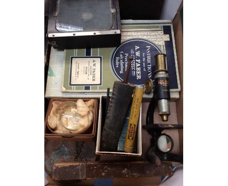 Milbro microscope and slides, vintage Ilford camera, pair of The Victrex binoculars in case, drawing instruments set and othe
