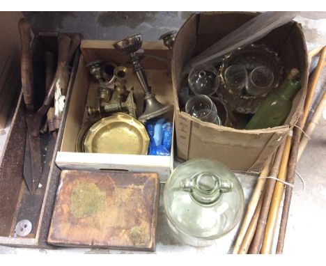 Group walking sticks, metal items, old tools and glassware
