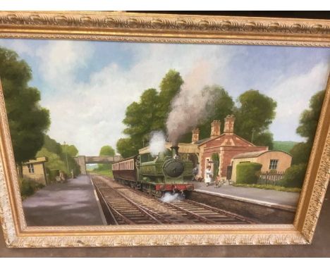 R Beckwith - three oils on board, landscapes with steam trains, framed