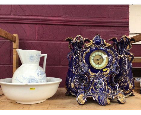 Blue ceramic mantle clock with garnitures, Victorian wash jug and bowl, slipware dish, lustre jug, glass ware and other decor