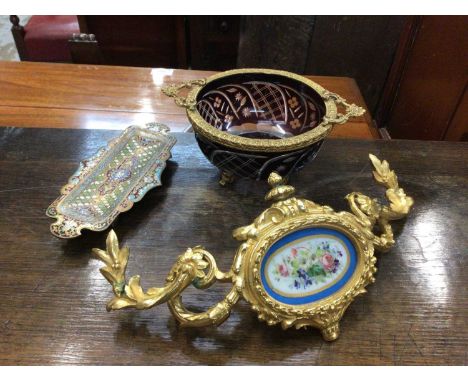 19th century Sevres-style and ormolu clock mount, a champleve enamel dish, and a Bohemian cut glass and mounted bowl (3)