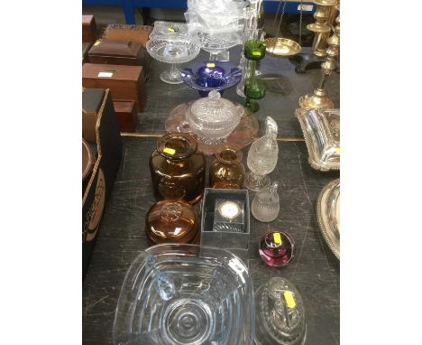 Group of glassware to include two Wedgwood green glass candlesticks , M'Dina glass club-shaped vase, Dartmouth, Waterford clo