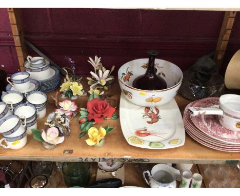 Sundry china and glass, including Norwegian Figgjo seafood dishes, a Webb amethyst glass posy vase, etc (2 shelves)