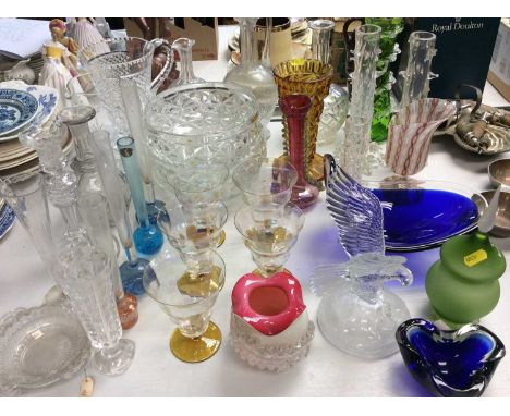 Group art glass vases, Venetian style vase, jugs, decanters and other glassware