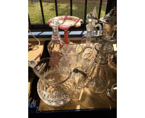 Collection of Victorian glassware, including decanters, jugs, and a Bohemian enamelled comport