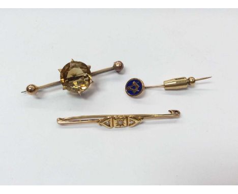 Victorian 9ct gold diamond three stone bar brooch, 9ct gold citrine bar brooch and Masonic 9ct gold enamel stickpin Condition