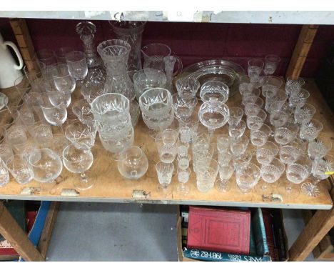 Collection of mostly cut glassware, including Waterford and Stuart crystal (one shelf)Condition report: Waterford items inclu