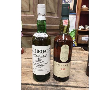 Two vintage bottles of scotch Whisky, including ten year old Laphroaig and sixteen year old Lagavulin, and four further bottl