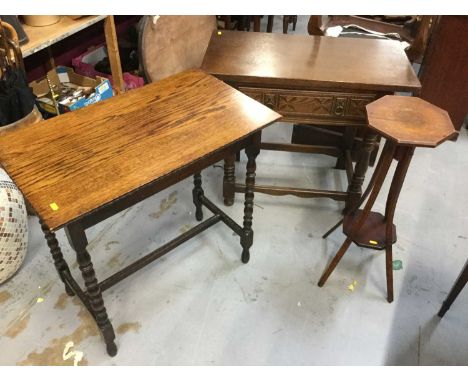 1920's oak side table on bobbin turned legs, together with an Old Charm style oak oak occasional table with single draw and a