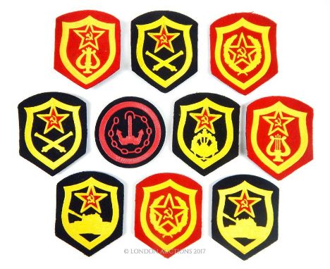 Ten Soviet Russian military embroidered arm badges for the army, navy, tank divisions and musicians.
