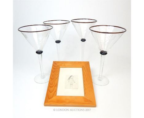 Ann Warff (Wolff) (b1937 Germany) a set of four hand blown glass drinking glasses with engraved fern design and applied 'lip 