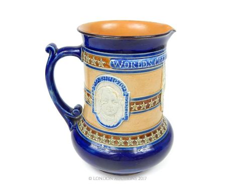 A rare, antique Royal Doulton stoneware commemorative jug depicting the World's Columbian Exposition of 1893 bearing cartouch