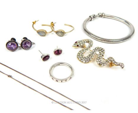 A collection of silver jewellery items and others to include a chunky, rope-twist, sterling silver bracelet, sterling silver 