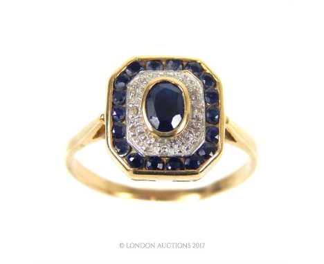 9 ct yellow gold Art Deco style sapphire and diamond dress ring, centrally set within a squared yellow gold mount with an out