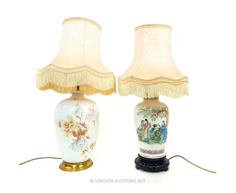 A Chinese style ceramic table lamp and shade, the lamp decorated with Chinese figures beneath a tree, 70 x 36cm, together wit