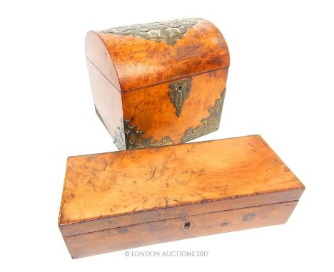 A Victorian domed burr walnut tea caddy (17.5cm wide) together a yew wood box (24cm wide).