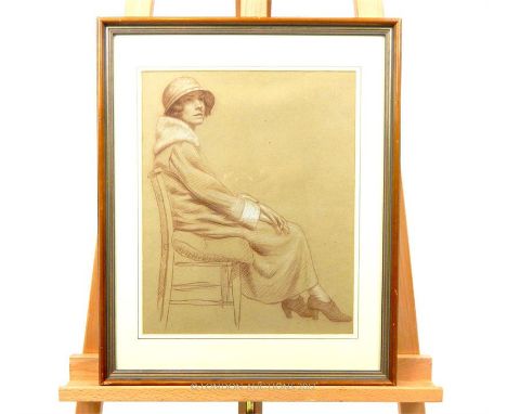 Attributed to Frank Jameson (1899-1968) pencil and pastel portrait 'Woman on a Chair', details to verso, sight size 40 x31cm.