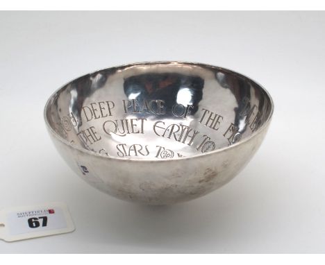 Graham Leishman Stewart; A Modern Scottish Hallmarked Silver 'Deep Peace' Bowl, Edinburgh 1997, of Arts & Crafts style engrav