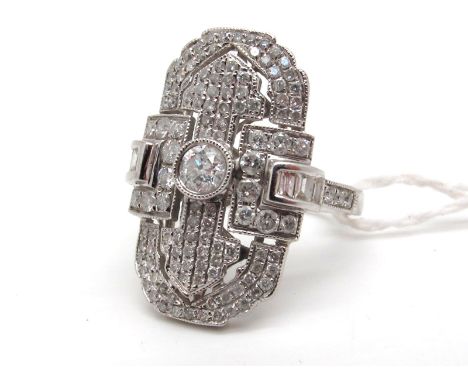 A Large Modern Art Deco Style Diamond Set Cocktail Dress Ring, the large panel set throughout with old cut stones, collet set