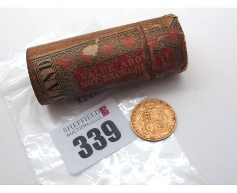 Victoria Half Sovereign, 1892 (Shield Back); vintage wood cylindrical coin tube. (2)