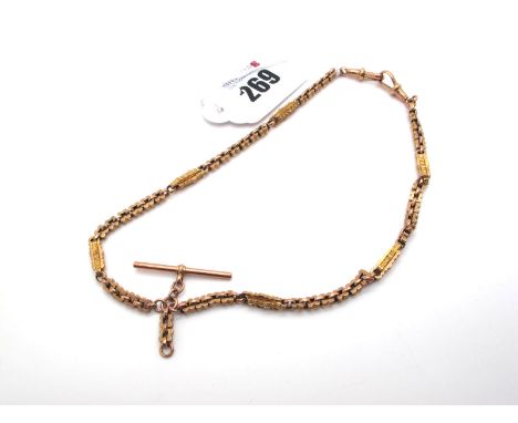 A Vintage Fancy Link Double Albert Chain, stamped "9c", to double swivel style clasps (stamped "9ct", suspending T-bar (stamp