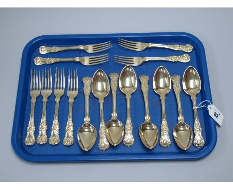 A Matched Set of Eight William IV Hallmarked Silver Gilt Spoons and Forks, spoons WC, London 1831 (18cm), forks MC. London 18