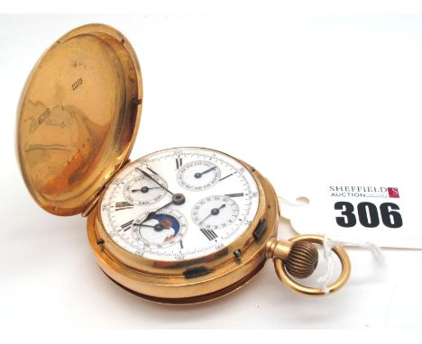 A c.Late XIX Century Swiss Hunter Cased Repeater Chronograph Pocket Watch, the white enamel dial with black Arabic and Roman 