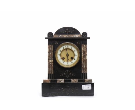 19TH CENTURY FRENCH BLACK AND INLAID MARBLE ARCHITECTURAL MANTEL CLOCKwith Arabic numeral chapter ring and blued steel hands,