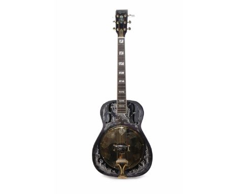 OZARK 3515BE ENGRAVED BRASS RESONATOR GUITARsolid brass nickle plated metal body, beautifully engraved, wood neck, gold colou