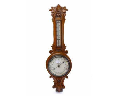 VICTORIAN CARVED OAK ANEROID BAROMETER CLOCK 91cm long 