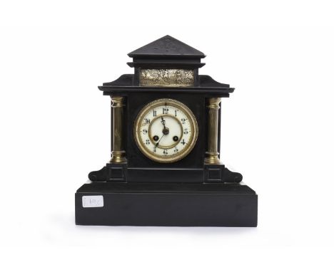 TWO LATE 19TH CENTURY FRENCH SLATE ARCHITECTURAL MANTEL CLOCKSthe first with dial marked J.R.&W. Laing, Glasgow & Paris, enam