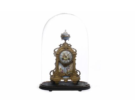 19TH CENTURY FRENCH GILT BRASS CASED MANTEL CLOCKwith painted enamel porcelain panel and dial in the Sevres manner, the dial 