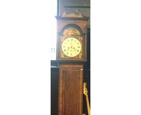 EARLY 19TH CENTURY MAHOGANY LONGCASE CLOCK with broken swan neck pediment, the painted dial depicting allegorical figures to 