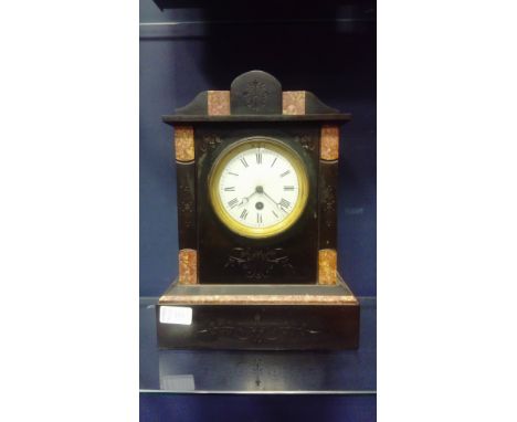 19TH CENTURY FRENCH SLATE AND RED MARBLE ARCHITECTURAL MANTEL CLOCK with enamelled Roman numeral dial and moon hands, single 