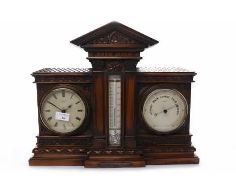LATE VICTORIAN MAHOGANY CASED CLOCK/BAROMETERby Short & Mason of London, with silvered dials and central mercury thermometer,