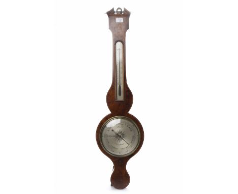 EARLY 19TH CENTURY MAHOGANY LINE INLAID BANJO BAROMETERsilvered backplate to the thermometer and barometer, 98cm long 