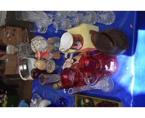 Selection of various household wares including cranberry glass ware, decanter etc