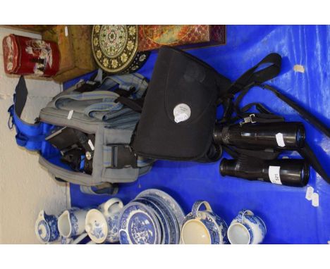 Pair of Canon 10 x 30 binoculars and one other together with a case containing various cameras including Olympus Trip 35 etc