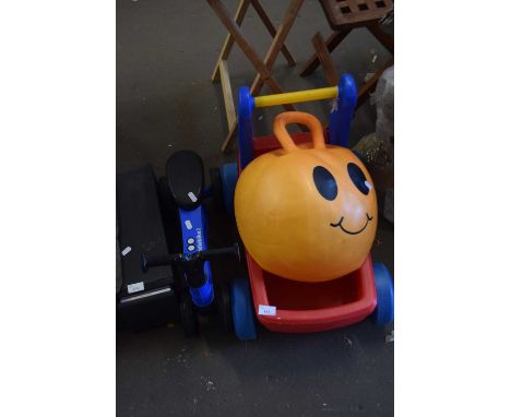 Two ride on children's toys and a space hopper
