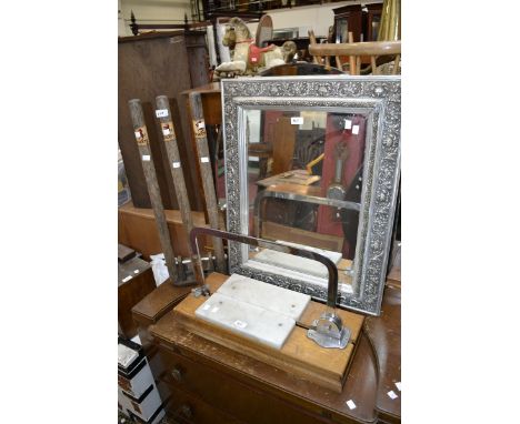 A set of mid 20th century cricket practice wickets; a large cheese slicer and a mirror (3)