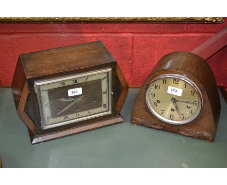 A 1930s oak mantel clock, Roman numerals, Westminster chime; another similar oak mantel clock (2)