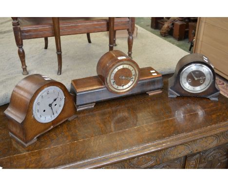 A mahogany Napoleon hat mantel clock and two oak dome topped mantel clocks.