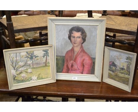 Barbara D Jones
Magnolia
oil, exhibition label to verso; others, Portrait and The Old Barn, oils, exhibition labels to verso 