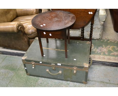 A small contemporary travel trunk; a 1940's oak sewing box on stand (2)