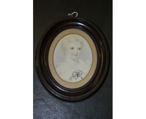 English School (19th century)
Portrait of a Child
signed in pencil McCl** and dated 1840, watercolour, oval, 10cm x 8cm