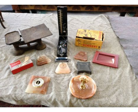 Miscellaneous - a sphygmomanometer, scales, desk calendar, mincer, etc.