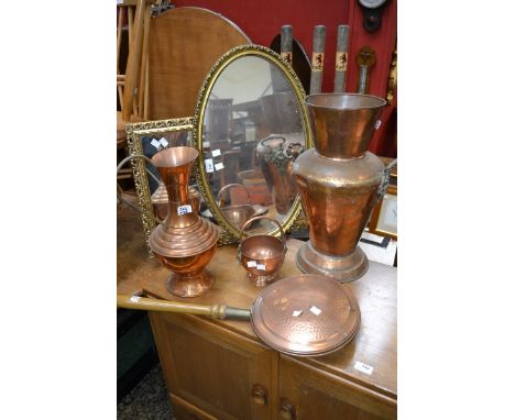 A rectangular gilt framed mirror, an oval gilt framed mirror ; a copper warming pan; two copper vases; a small copper cauldro