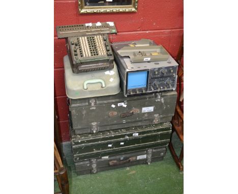 Three heavy duty cases for test leads; a bridge tester (4); An early 20th century extending metal standard lamp, tripod base;